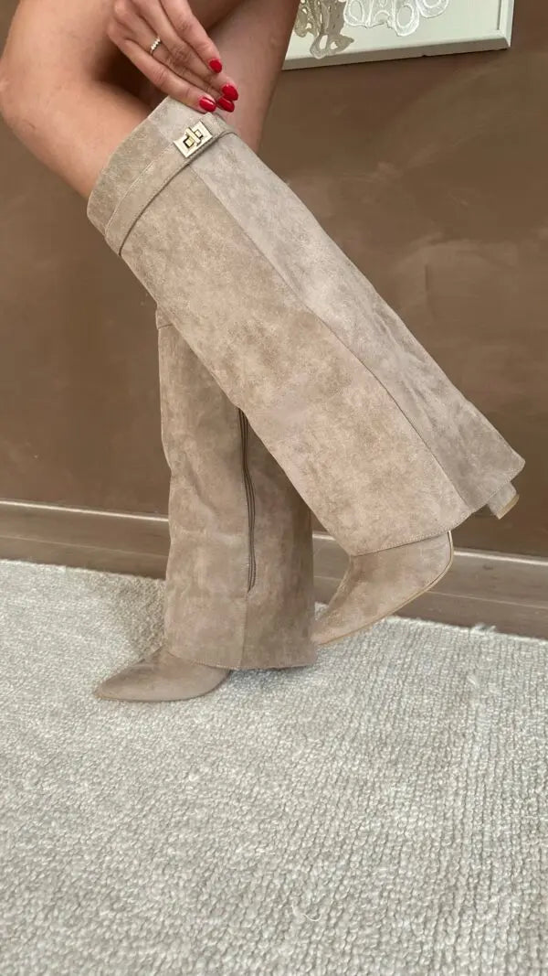Women's mid-calf boots with pointed toes, buckle straps and block heels