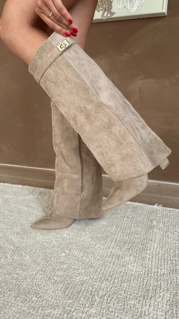 Women's tall pointed-toe heeled boots with buckle detail