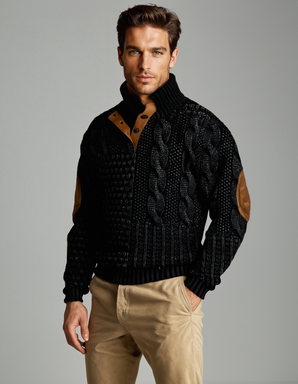 Men's textured knit sweater with mock neck, button placket and elbow patches