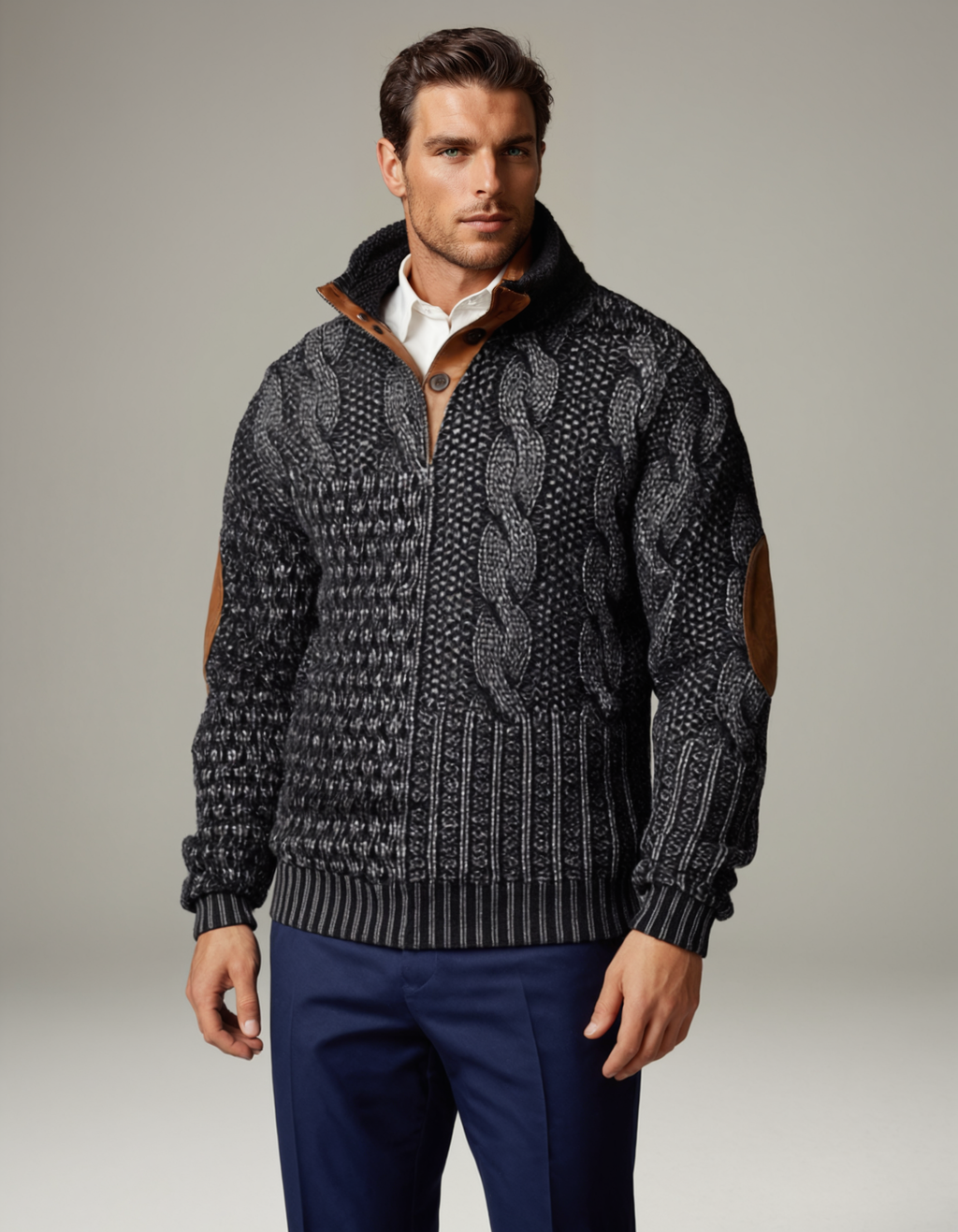 Men's textured knit sweater with mock neck, button placket and elbow patches