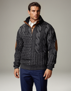 Men's textured knit sweater with mock neck, button placket and elbow patches
