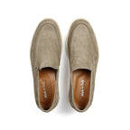 Men's beige moc toe slip-on loafers with low cream soles