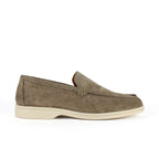 Men's beige moc toe slip-on loafers with low cream soles