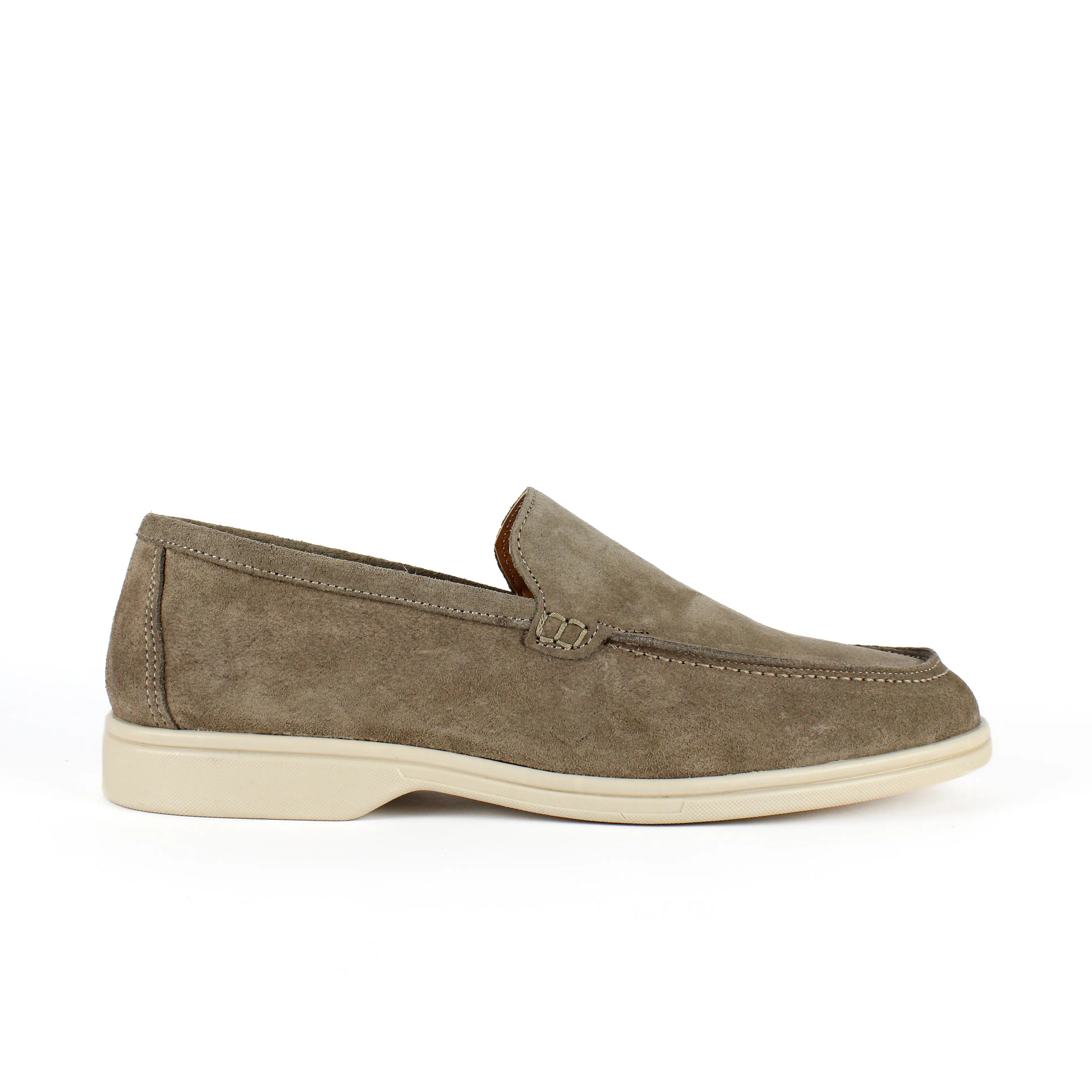 Men's beige moc toe slip-on loafers with low cream soles