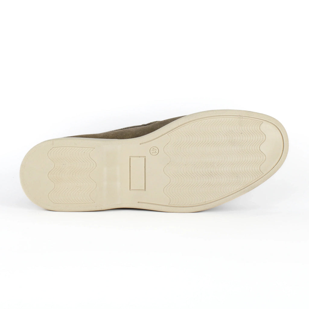 Men's beige moc toe slip-on loafers with low cream soles
