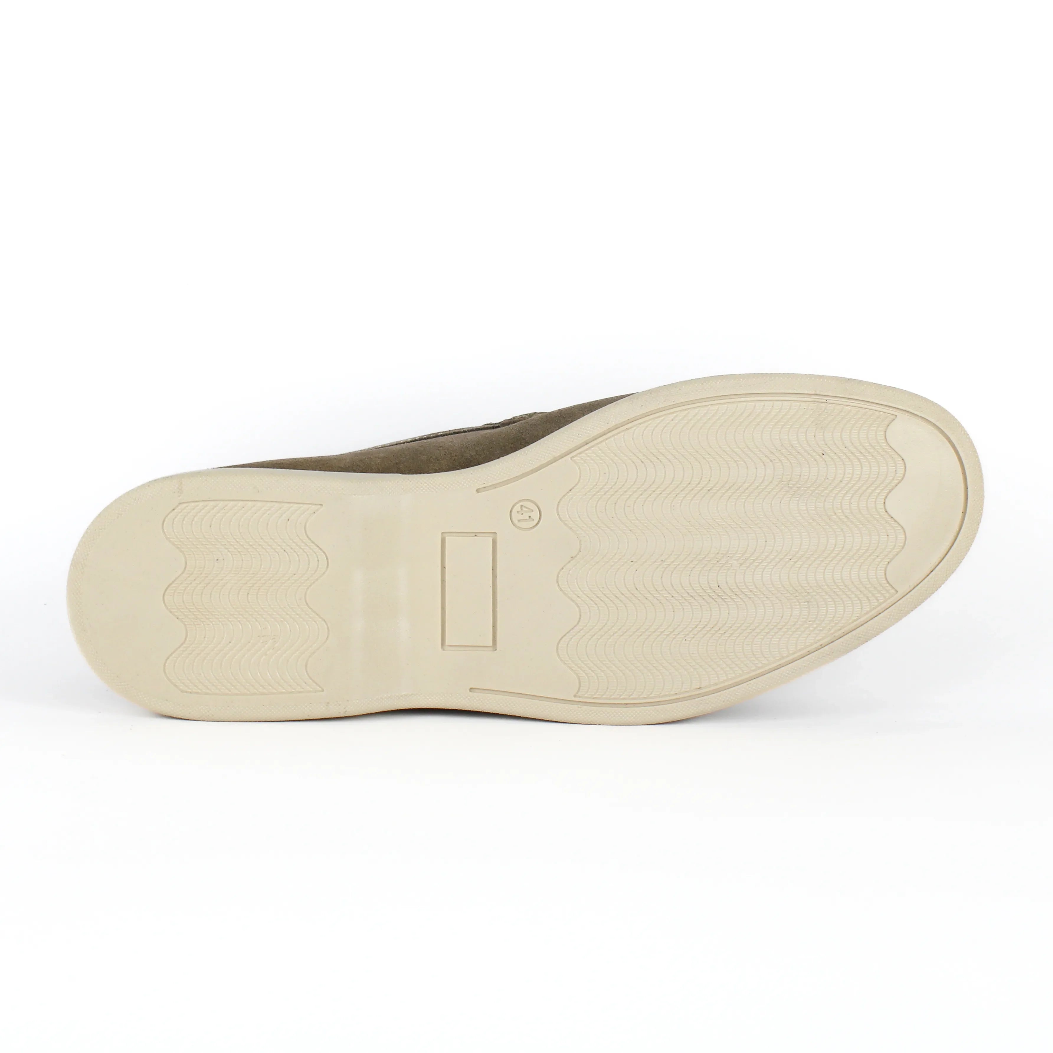 Men's beige moc toe slip-on loafers with low cream soles