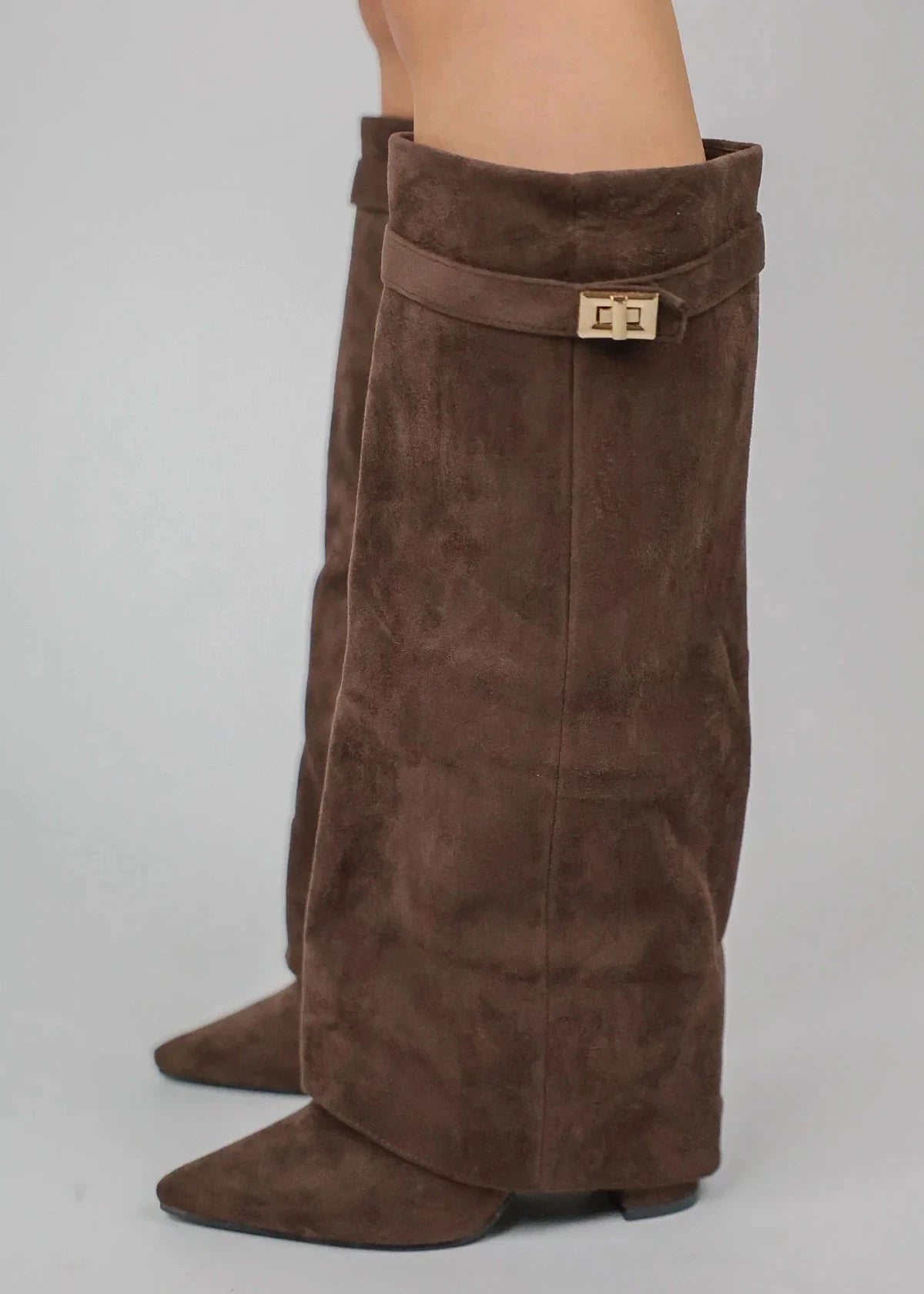 Women's knee-high pointed-toe boots with straight shafts, buckle detail and low block heels