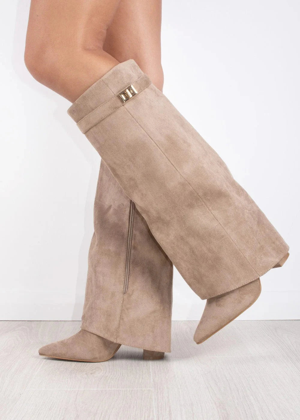 Women's knee-high pointed-toe boots with straight shafts, buckle detail and low block heels