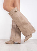 Women's knee-high pointed-toe boots with straight shafts, buckle detail and low block heels