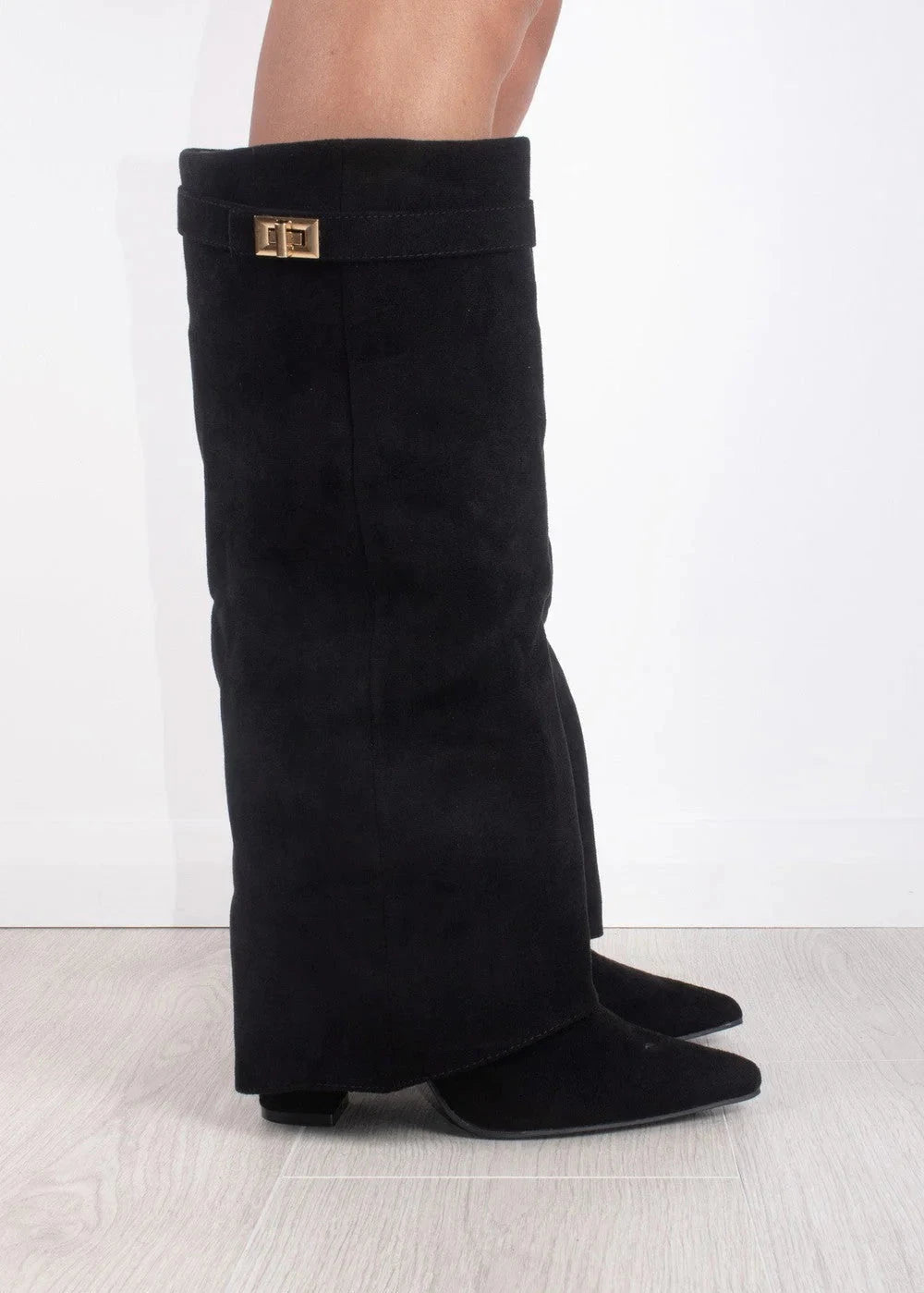 Women's knee-high pointed-toe boots with straight shafts, buckle detail and low block heels
