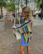 Women's multicoloured striped knitted cardigan with open front and long sleeves