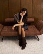 Women's brown slouch mid-calf boots with pointed toes and low heels