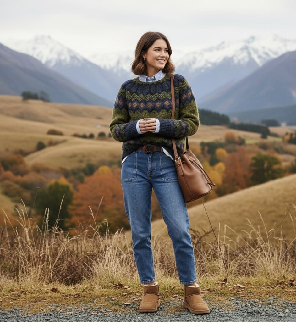 Green Nordic pattern knit jumper with crew neck and long sleeves