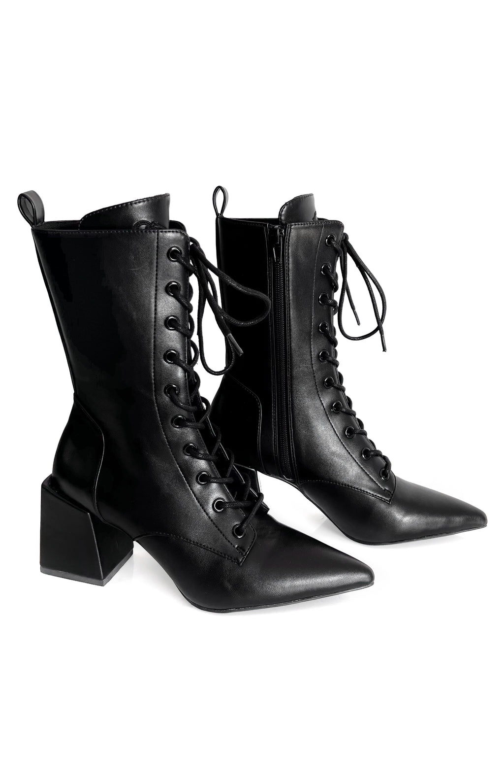 Women's black knee-high pointed toe lace-up boots with block heel