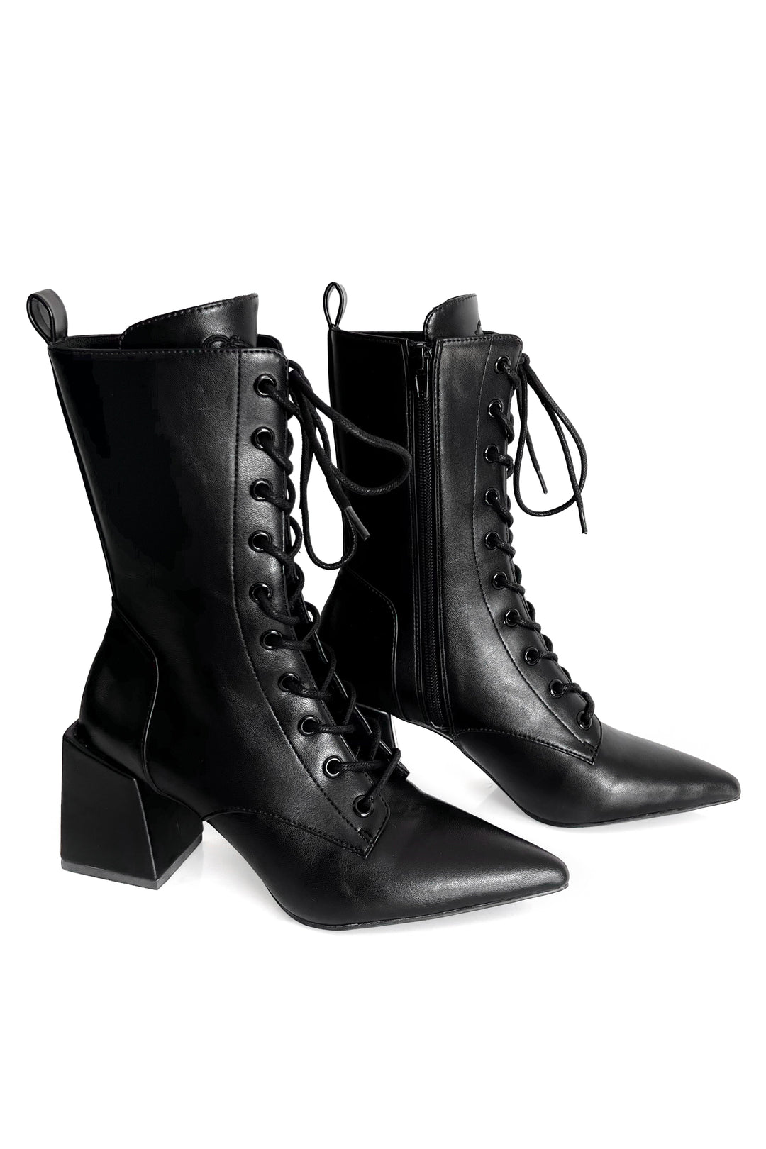 Women's black knee-high pointed toe lace-up boots with block heel