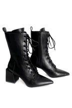 Women's black knee-high pointed toe lace-up boots with block heel