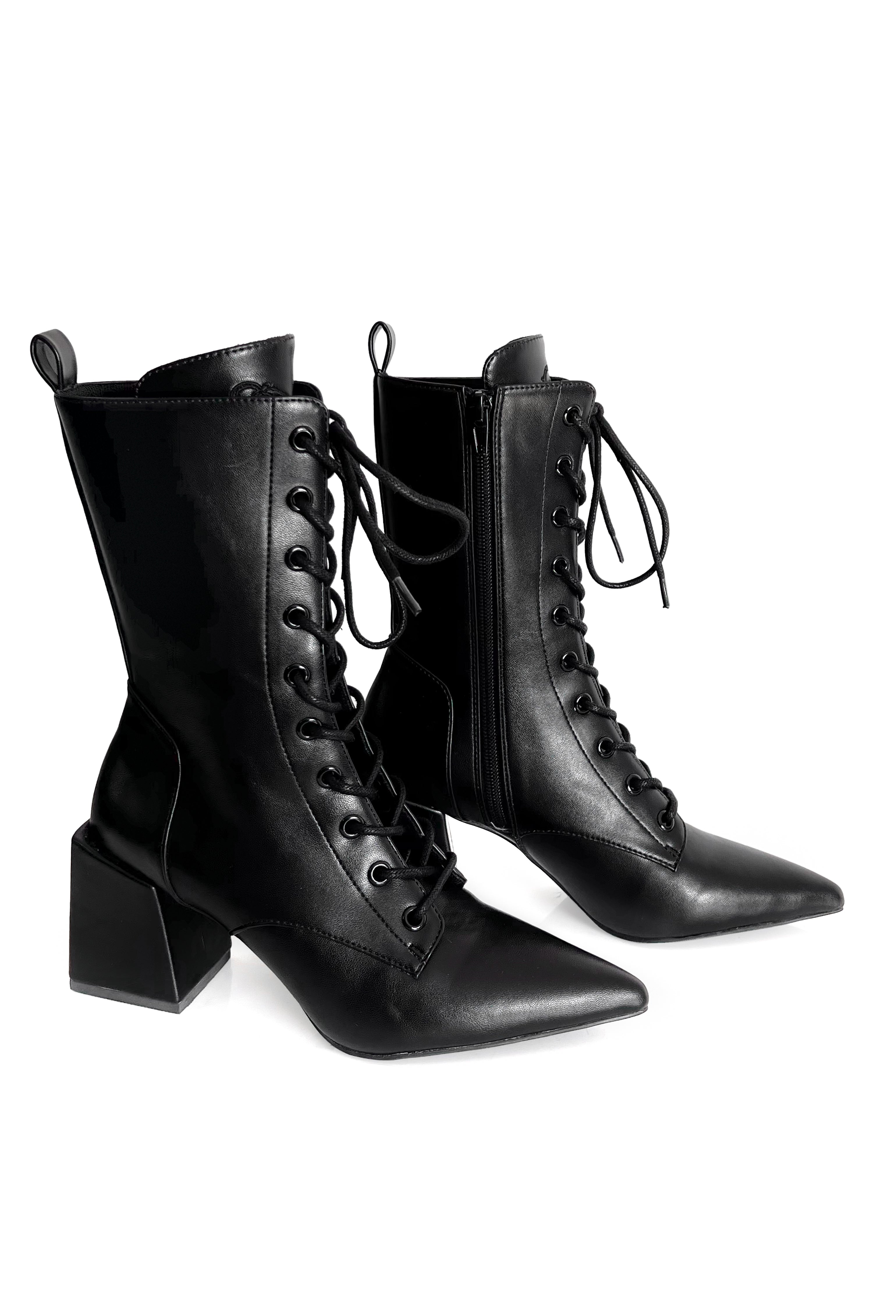 Women's black knee-high pointed toe lace-up boots with block heel