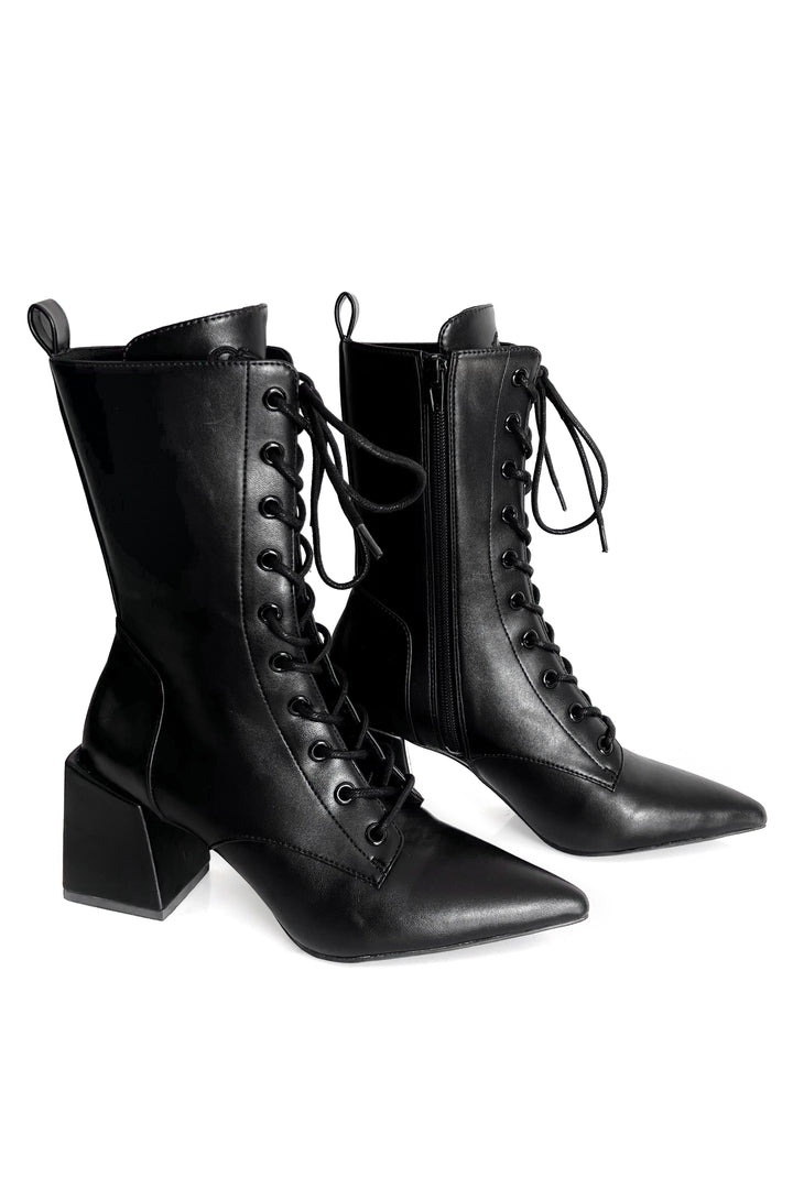 Women's black knee-high pointed toe lace-up boots with block heel