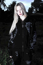 Black graphic zip hoodie with drawstring hood and long sleeves