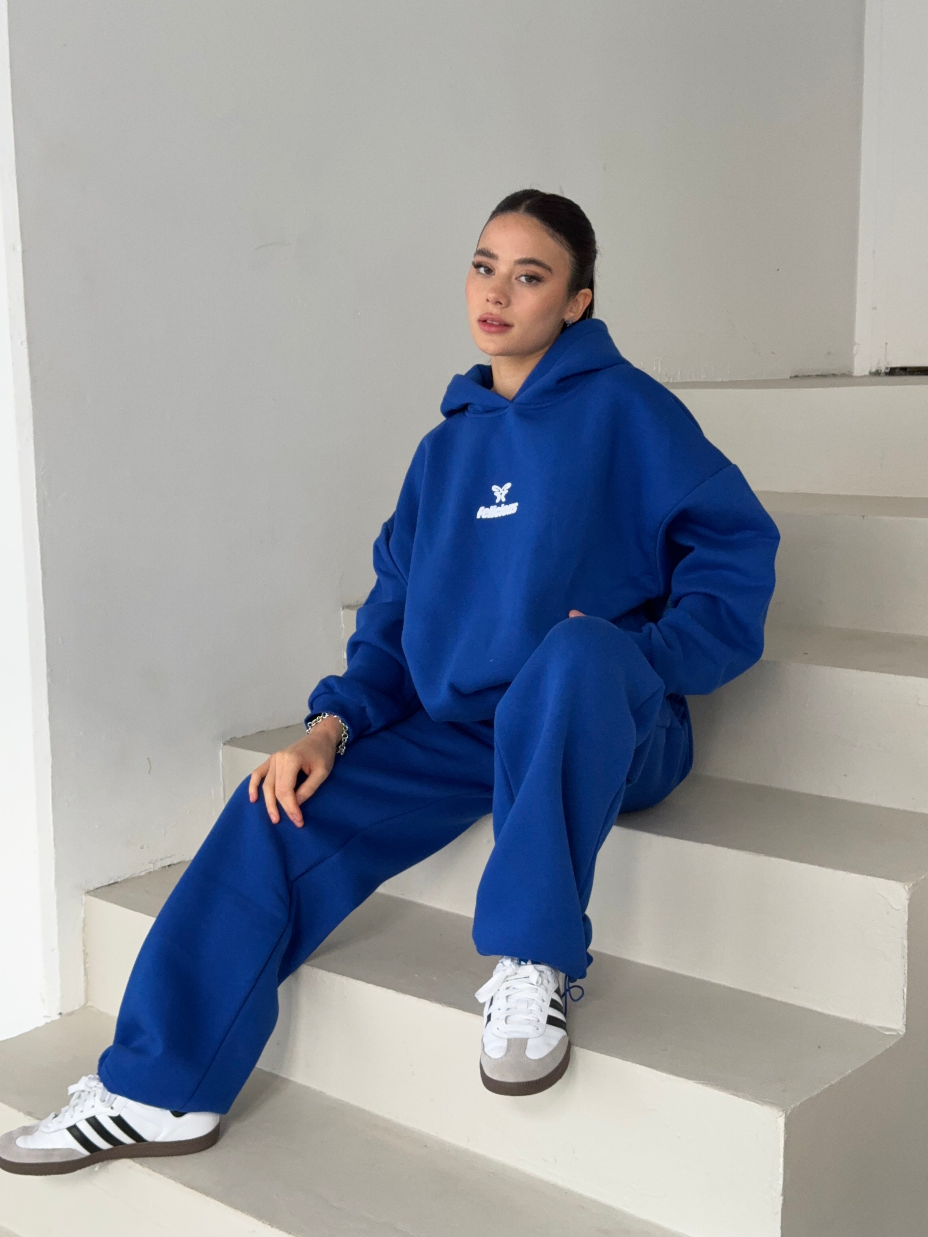 Blue long-sleeve logo hoodie with hood and kangaroo pocket