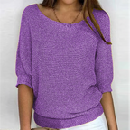 Women's textured knit sweater with round neck and three quarter sleeves