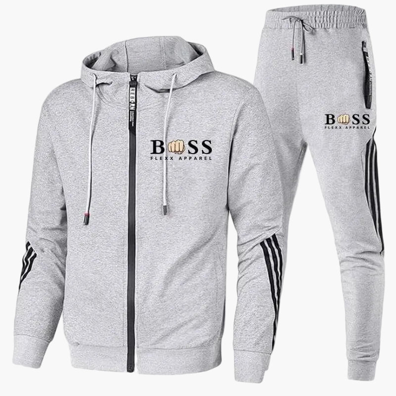 Men's hooded tracksuit with zip jacket and striped joggers