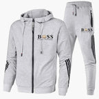 Men's hooded tracksuit with zip jacket and striped joggers