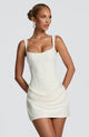 Women's fitted square-neck mini dress with corset bodice and ruched skirt