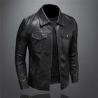 Men's black collared jacket with long sleeves, chest pockets and zip front