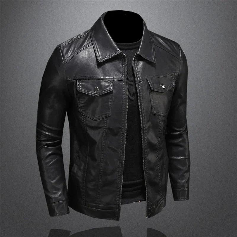 Men's black collared jacket with long sleeves, chest pockets and zip front