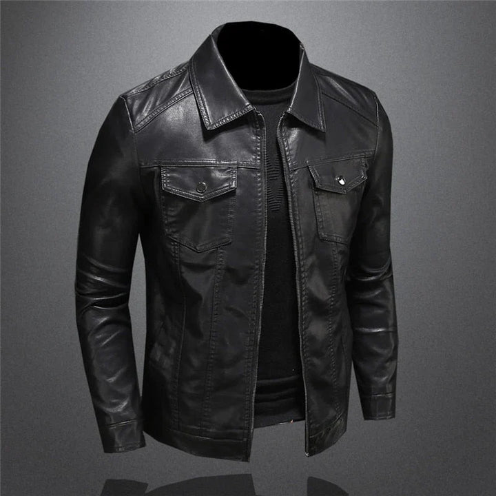 Men's black collared jacket with long sleeves, chest pockets and zip front