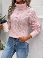 Women's cable knit turtleneck sweater with long sleeves
