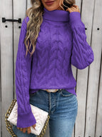 Women's cable knit turtleneck sweater with long sleeves