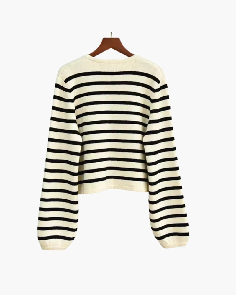 Women's ivory and black striped cropped cardigan with buttons