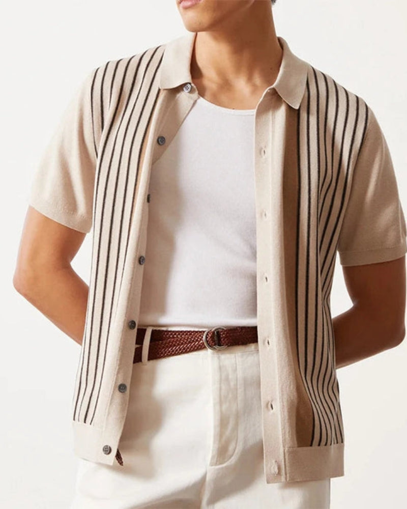 Men's striped knit polo shirt with short sleeves and button front