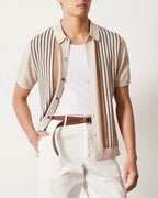 Men's striped knit polo shirt with short sleeves and button front