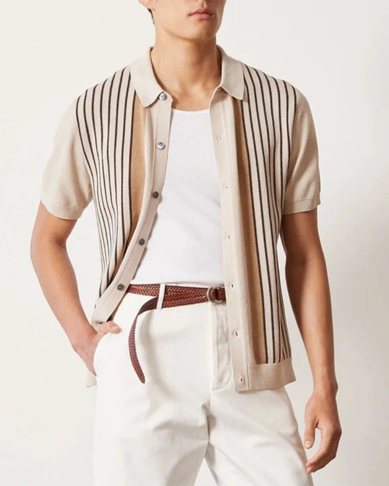 Men's striped knit polo shirt with short sleeves and button front