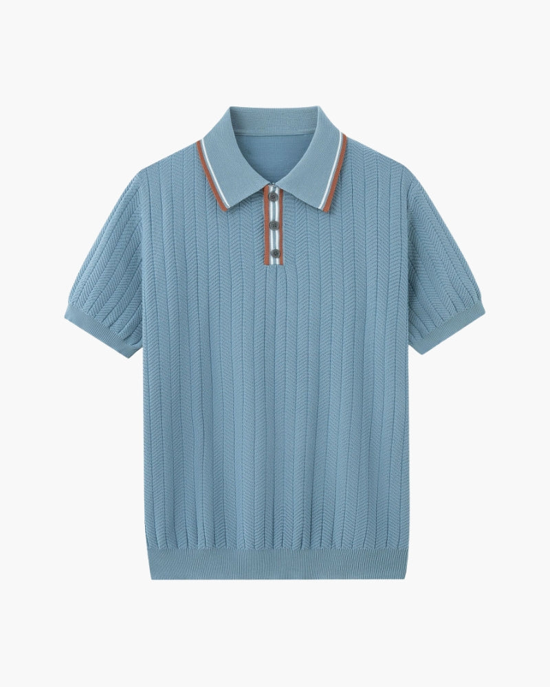 Men's short-sleeved textured knit polo shirt with contrast collar trim and button placket