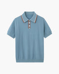 Men's short-sleeved textured knit polo shirt with contrast collar trim and button placket