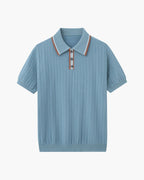 Men's short-sleeved textured knit polo shirt with contrast collar trim and button placket