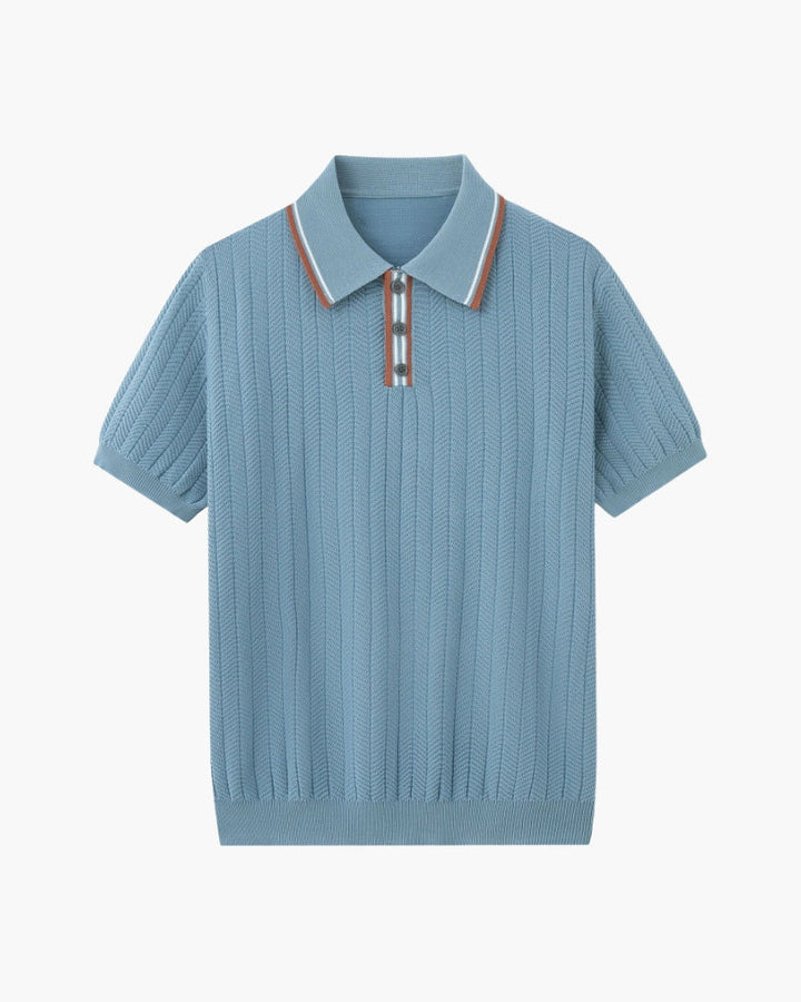 Men's short-sleeved textured knit polo shirt with contrast collar trim and button placket