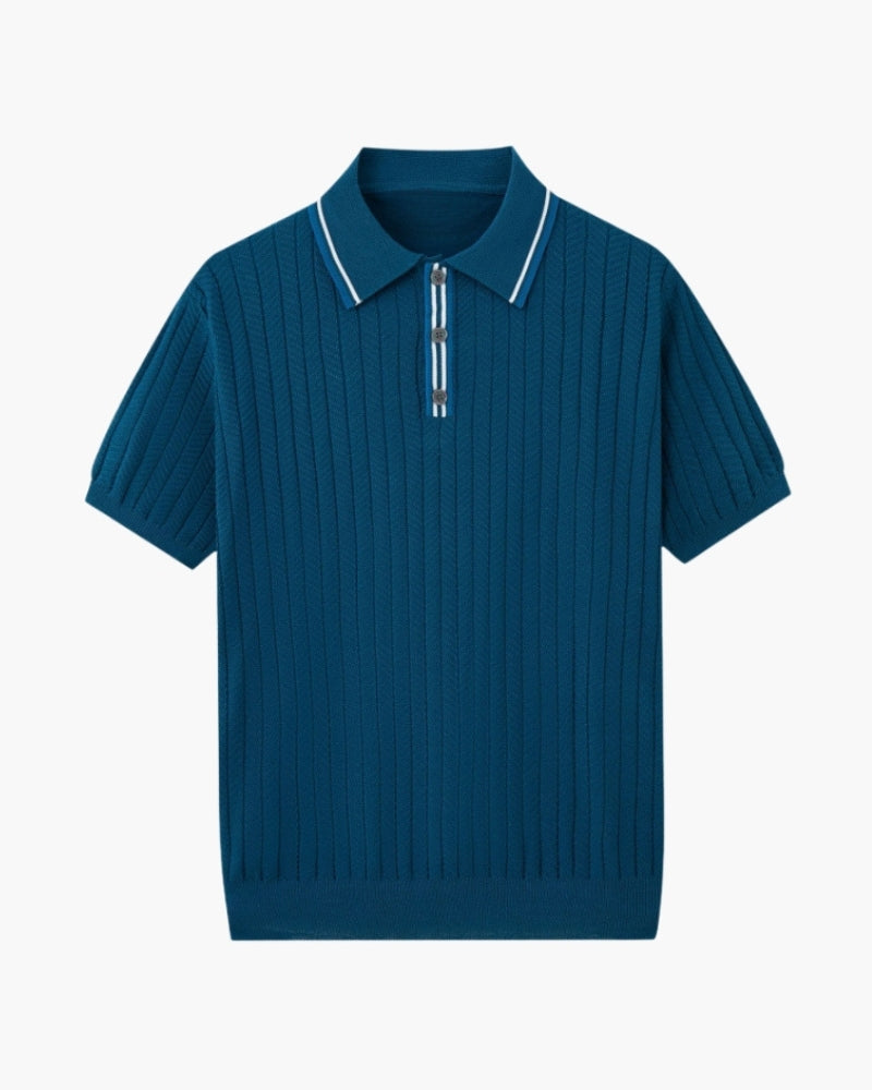 Men's short-sleeved textured knit polo shirt with contrast collar trim and button placket