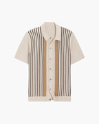 Men's striped knit polo shirt with short sleeves and button front