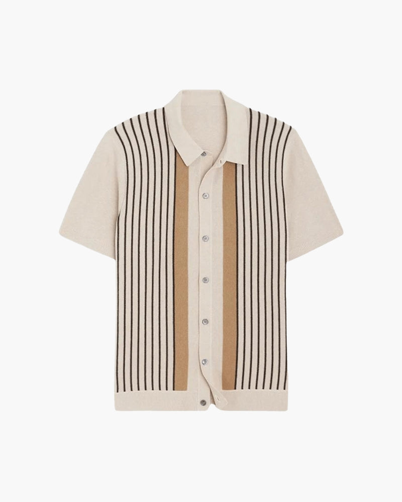 Men's striped knit polo shirt with short sleeves and button front
