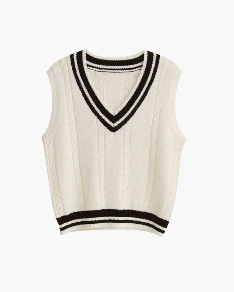 Women's white cable knit sweater vest with V-neck and striped trim