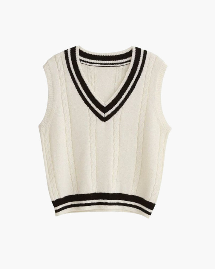 Women's white cable knit sweater vest with V-neck and striped trim