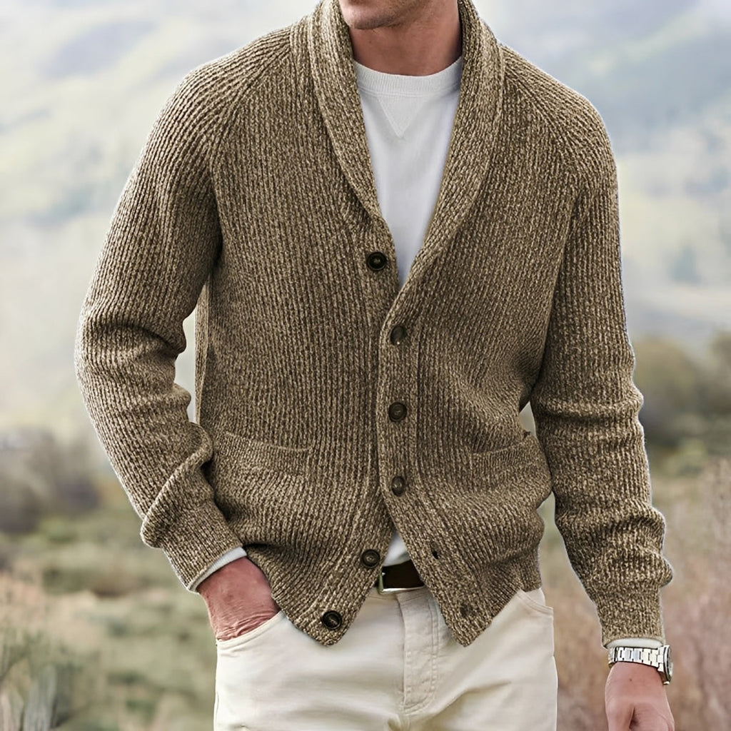 Men's ribbed knit cardigan with shawl collar, button front and patch pockets