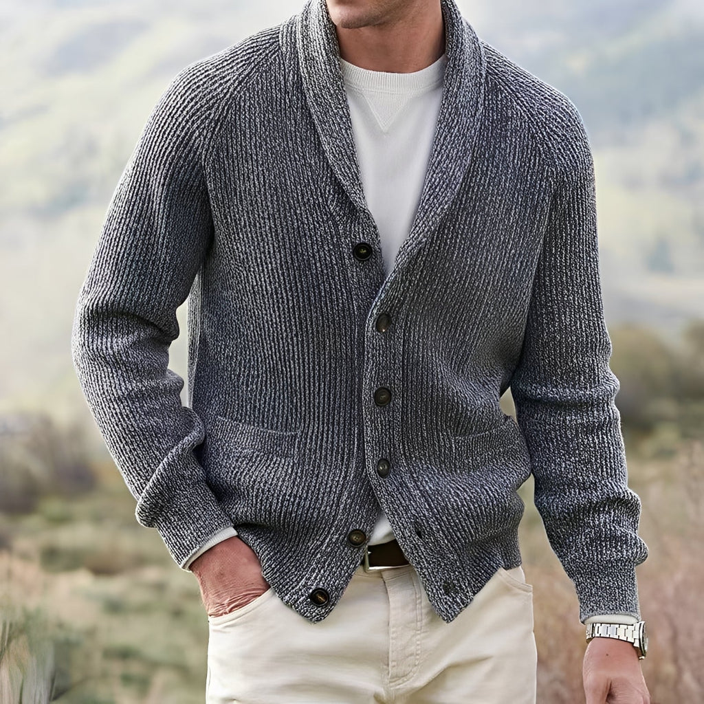 Men's ribbed knit cardigan with shawl collar, button front and patch pockets