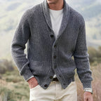 Men's ribbed knit cardigan with shawl collar, button front and patch pockets