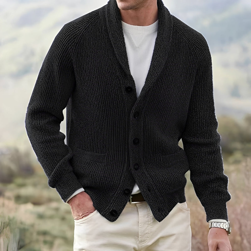 Men's ribbed knit cardigan with shawl collar, button front and patch pockets